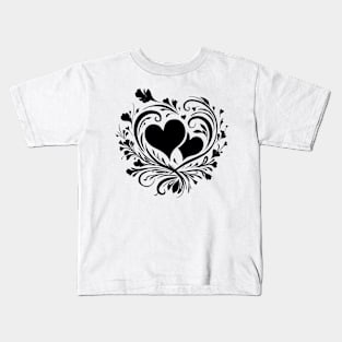 Elegant Black Heart and Floral Swirls Love Theme Kids T-Shirt